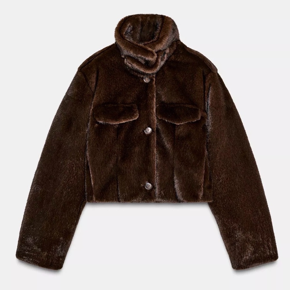 Cropped Faux Fur Jacket in Dark Brown